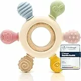 CAJA Beißring Baby BPA freie Zahnungshilfe und Beißspielzeug aus Silikon und Holz Greifring mit Tiermotiv Geschenkidee zur Geburt Sicheres Babyspielzeug für Jungen und Mädchen