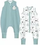 Chilsuessy Baby Sommerschlafsack mit Füßen 2er Pack 1 Tog Kinder Schlafsack mit Beinen 100% Baumwolle Schlafstrampler für Jungen Mädchen, 1 Tog/Grün + Süß Welpe, 70cm/Baby Höhe 80-90cm