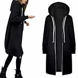Lang Sweatjacke Damen Hoodie mit Kapuze Fleecejacke Einfarbig Kapuzenjacke Herbst Winter Übergangsjacke Casual Locker Kapuzenpullover Outwear Mantel Jacke mit Reißverschluss und Taschen Y2K Streetwear