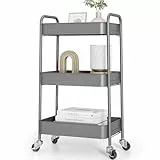 KINGRACK 3-stufiger Metall-Küchenwagen mit Rollen – Servierwagen & Allzweckwagen für Küche, Bad, Büro – Schraubenlos, einfach montiert (Grau)