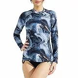 SURFEASY Damen Rash Guard Langarm Sonnenschutz Schnelltrocknend Badeshirt Surf Shirt Schwimmen Bademode(Schwarze Textur,L)