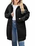 CMTOP Lange Hoodie Damen mit Reißverschluss Oversize Kapuzen Fleecejacke Warme Casual Kapuzenjacke mit Taschen Herbst Winter Langarm Strickjacke Einfarbig Elegant Sweatjacke(Schwarz, XXL)
