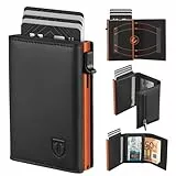 TEEHON Geldbörse Herren, Portmonee Herren mit Münzfach & RFID Schutz, Magnetischer Slim Wallet, Leder Portmonee, 7 Kartenetui, ID-Fenster - Schwarz Orange