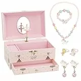 Schmuckkästchen Mädchen, Spieldose mit Ballerinamädchen, Schmuckaufbewahrung Kostenlos für Halskette Armband Ohrclip Ring, Mit Spiegel Schubladen Musik Schmuckbox, Kindergeburtstagsgeschenk Set 3-10