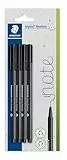 STAEDTLER triplus Fineliner 334, dreikant, superfeine, metallgefasste Spitze, ca. 0.3 mm, aus 97% Rezyklat, Made in Germany, Set mit 4 Stück auf Blisterkarte, Farbe schwarzen, 334-9 BK4