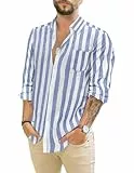 TARAINYA Leinenhemd Herren Langarm Baumwolle Freizeithemd Regular Fit mit Tasche Blau Weiß XL