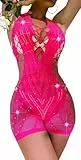 Adigau Sexy Outfit für Damen Sex ReizwäSche Jumpsuit Netzkleid Damen Bodystocking Fischnetz Babydoll Netz Lochmusterung RüCkenfrei Neckholder Netzbody Dessous Overall Catsuit Rosenrot One Size