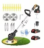 Wrneaoch Akku-Motorsense 21 V Motorsense mit 6.000 U/min und 650 W Motor Elektro-Rasenmäher mit 2 Batterien 2,0 Ah ist ideal zum effektiven und mühelosen Rasenmähen von Gras