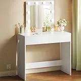 WOLTU Kleiner Schminktisch mit Beleuchtung Spiegel, Frisiertisch 80 cm breiter mit 2 Schubladen, moderner Makeup Tisch aus Holz, für Schlafzimmer Mädchen, Weiß