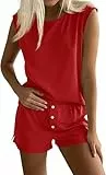 Tankaneo Damen Zweiteiler Sommer Outfits Einfarbig Hosenanzug Tank Top und Shorts Set Elastische Taille Sport Trainingsanzug Elegant Loungewear Set Rot M