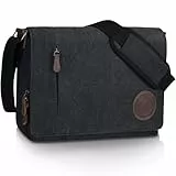 Leathario Umhängetasche Herren 14 Zoll, Messenger Bag aus Echtleder und Canvas, Arbeitstasche Studententasche Laptoptasche Schultertasche Kuriertasche Collegetasche Uni Studenten，Arbeit Schwarz