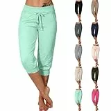 Jamicy Damen Sommer Caprihose Jogginghose Lässig Locker Bequem 3/4 Lange Hose Baumwolle Sommerhose Yoga Fitness Activewear mit Tasche für Sport und Freizeit Sale Angebote Grün M