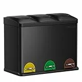 SONGMICS Mülleimer Küche, Mülltrennsystem 3 Fächer, Abfalleimer, 45 Liter Treteimer aus Metall, 3 x 15 Liter, Tretmülleimer mit Deckel, Stahl, tintenschwarz LTB45B