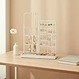 SONGMICS Schmuckständer, Schmuckhalter, Metallrahmen, Schmucktablett Samt, ausziehbarer Kettenhalter, 30,9-47,5 cm hoch, Schmuckaufbewahrung, mattweiß JJS026W01