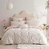 Freyamy Blumen Bettwäsche 135x200cm 2teilig Baumwolle Weiß Rosa Grün Floral Blätter Pflanzen Bettwäsche Blumenmuster Mädchen Bettbezug mit Reißverschluss und Kissenbezug 80x80cm