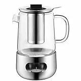 WMF SensiTea Teekanne mit Stövchen Set 3-teilig, Cromargan Edelstahl, Glaskanne 1,3l mit Siebeinsatz, Stövchen mit Teekanne, spülmaschinegeeignet