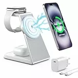 Mag-Safe Ladestation 3 IN 1, Ladegerät kompatibel mit App1e Watch und iPh0ne, Induktive Ladestation auch geeignet für Airp0ds Pro 3 2, Kabelloses Ladegerät für iPh0ne 16 15 14 13 12 Serie(Silber)