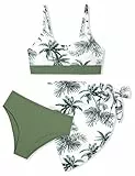 ADIFUN Mädchen-Badeanzug, V-Ausschnitt, verstellbare Träger, stilvoller Bikini mit Überzug, 3-teiliges Set, Badeanzüge für Teenager-Mädchen, Grüne Handfläche, 11-12 Jahre