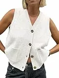 Saodimallsu Damen Ärmellos Pullover Weste Lockere Passform Strickwesten Knopf V Hals Stricken Trendy Casual Strickjacke mit Taschen Weiß Groß