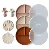 Moonkie 3pc Silikon Kinderteller mit Deckel, Baby teller mit Saugnapf, BPA-freie Rutschfest Geteilte Geschirr Set mit Gabeln und Löffel, Mikrowellen und Spülmaschinenfest(Shifting Sand/Blush/Erdgelb)