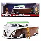 Jada Toys Marvel Groot, 1963 Bus Pickup, Spielzeugauto aus Die-cast, Türen, Kofferraum, Motorhaube zum Öffnen, inkl. Die-cast Groot Figur, Maßstab 1:24, braun