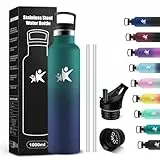 KollyKolla Trinkflasche Edelstahl 1L, Wasserflasche Auslaufsicher, BPA-Frei Thermoskanne mit Strohhalm, Vakuum Thermosflasche, Leicht zu Reinigen, Kohlensäure Geeignet, für Sport, Fahrrad, Camping