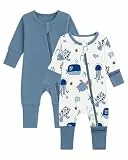 JiAmy Baby Schlafanzug 2er-Pack Neugeborene Baumwolle Langarm Zip Strampler mit Füßen Bekleidung für Baby Junge Mädchen 0-3 Monate Blauer Ozean