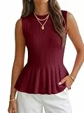 Cicy Bell Damen-Tanktop mit plissiertem Schößchen, gerippt, Rundhalsausschnitt, Blusen, Sommerpullover, Burgunder, X-Groß