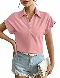 Weardear Bluse Damen Kurzarm Büroblusen Slim Fit Hemdbluse Basic Shirt mit Knopleiste Elegant Oberteile V-Ausschnitt Tops Rosa m