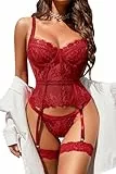 Avidlove Damen Dessous Set Spitze Body Corsage Sexy Unterwäsche Curvy Bodysuit Teddy Reizwäsche Babydoll Lingerie Frauen Strapsen Set Weinrot L