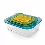 Joseph Joseph Nest Glasaufbewahrung – 4-teiliges kompaktes Glas-Lebensmittelbehälter-Set, 130 ml bis 2,5 l, gefrierschrank-, ofen- und mikrowellenfest, BPA-frei – mehrfarbige Deckel