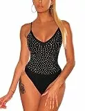 MAYFASEY Damen Glitzernde Strass ärmellose sexy durchsichtige Bodysuit Tops Shirts, Schwarz, S