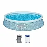 Bestway Fast Set Aufstellpool-Set mit Filterpumpe, Ø 396 x 84 cm, 7.340 Liter, 3-lagiges TriTech-Material, Grafisches Liniendesign, Selbstaufbauend, Filterpumpe, Filterkartusche, Reparaturflicken