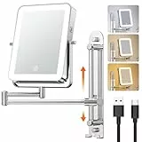Gospire Height Adjustable Wall Mounted Lighted Makeup Mirror with Hooks, 3000mAh Rechargeable with 1X/10X Magnification, 3 Light Colors and Stepless Dimming for Bathroom