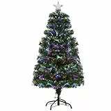 HOMCOM Künstlicher Weihnachtsbaum 120 cm Tannenbaum künstlich mit LED Beleuchtung, Leuchtende Glasfasern, 130 Spitzen Christbaum mit Metallständer für drinnen