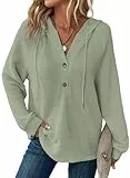 Cuptacc Kapuzenpullover Damen Waffel Langarm Knopfleiste V-Ausschnitt Sweatshirt Hoody Mit Kapuze Oversize Hoodie Damen Winter Hellgrün Mittel M 38-40