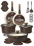 CAROTE 22-teiliges Titan-Kochgeschirr-Set, Töpfe und Pfannen, antihaftbeschichtet, Küchen-Kochset mit abnehmbarem Griff, ungiftiges Induktions-Kochgeschirr, spülmaschinen-/ofenfest, Browm