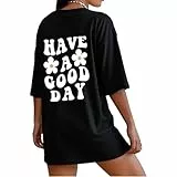 T-Shirt Damen Baumwolle Kurzarm Oversized Tshirt Sommer Oberteile Rundhals Bedrucken Tops Casual Lose Tunika Bluse Tee Teenager Shirts (DE/NL/SE/PL, Alphanumerisch, XL, Regular, Regular, Schwarz)