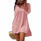 Figarge Strandkleid Damen Bikini Cover Up V-Ausschnitt Baumwolle Strandtunika Sommer Pareos Button Down Strandponcho Badeanzug Strand (DE/NL/SE/PL, Alphanumerisch, M, Regular, Regular, Rosa)