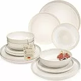 SÄNGER | Geschirrset Korfu 24 tlg, Tafelservice 8 Personen, Steingut Geschirr Handmade, Teller Set inkl. Essteller Dessertteller Tiefe Teller, Essgeschirr Creme Farben mit Sandiger Maserung