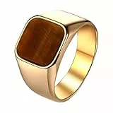 JewelryWe Tigerauge Ring Siegelring für Herren: Gold Edelstahl Herrenring Quadratischer Fingerring mit Braun Tigerauge-Stein Vintage Statement Ring für Hochzeit Geburtstag Jubiläum Größe 62
