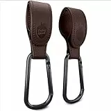 Baby Uma Kinderwagenhaken aus veganem Leder (2er-Pack) - Universelle Kinderwagen Haken für Taschen, Rutschfeste Klettverschlüsse, Stabile Karabinerhaken mit 5 kg Tragkraft (Dunkelbraun)