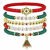 Emibele Weihnachten Armbänder Set für Frauen 5pcs, Frohe Weihnachten Armband Stack mit Schneeflocke Weihnachtsbaum Charms, elastische Ton Perlen Stretch Armbänder für Weihnachten Geschenke