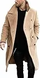 Runcati Herren Mantel Regular Fit Trenchcoat Langes Revers Zweireihig Wolle Business Winterjacke Peacoat, beige, XXL