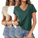 HOTIAN 3er/PackT-Shirt Damen Crop Tops Sommer Baumwolle V-Ausschnitt Oberteile Kurzarm Casual Basic Shirt Damen Elegant Flügelärmeln Top