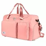 WT Faltbare Reisetasche Sporttasche, 35L Gepäcktasche Große Weekender Urlaubstasche Trainingstasche Handtasche Wasserdicht Sauna Gym Shopping Bag für Herren Damen mit Gepäckanhänger(Rosa)