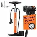 Fahrradpumpe Luftpumpe Fahrrad für alle Ventile - 11 Bar / 160 Psi Standluftpumpe mit Manometer - Standpumpe für Rennrad, E-Bike, Mountainbike - Fahrrad Pumpe für Französische Ventile (Orange-New)