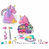 Polly Pocket HMX18 - Mini-Spielzeug, Regenbogen-Einhorn-Salon-Styling-Kopf und Schatullen-Spielset mit 2 kleinen Puppen, 25 Zubehörteilen und beweglichen Spielelementen, Puppen Spielzeug ab 4 Jahren