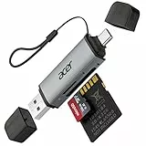 acer SD Kartenleser, Dual USB 3.0 USB C Stecker Kartenlesegerät, Aluminium OTG Adapter SD Card Reader Speicherkartenleser für SD/Micro SD/TF/SDHC/SDXC, iPhone 15-16/Android/Windows/macOS usw.