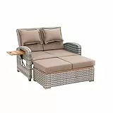 greemotion Rattan-Lounge Bahia Style 3-in-1 mit Teilen aus Teak, Gartensofa mit Bettfunktion, inkl. Hocker, grau/Taupe, ca.117 x 93 x 74 cm